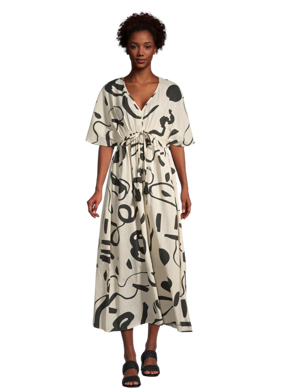 World Market Mira Abstract Kaftan Dress Black White L/XL EUC